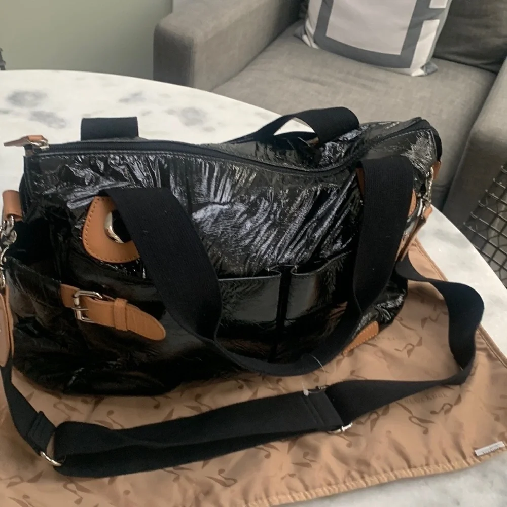 $250 Storksak London Kate Diaper Bag Black Patent Leather w/ Pad
